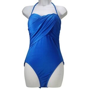 LA BLANCA Blue Halter One Piece Swimsuit Tummy Control Ruching Size 8 pool